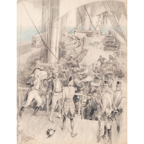 112 - 19th century French School, mutiny aboard, original illustration, pencil/crayon, circa 1870, unsigne... 