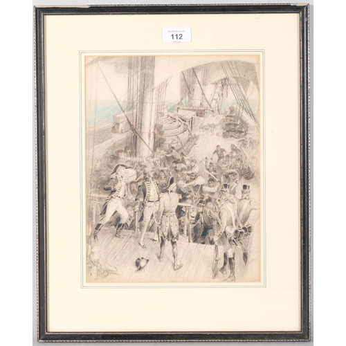 112 - 19th century French School, mutiny aboard, original illustration, pencil/crayon, circa 1870, unsigne... 