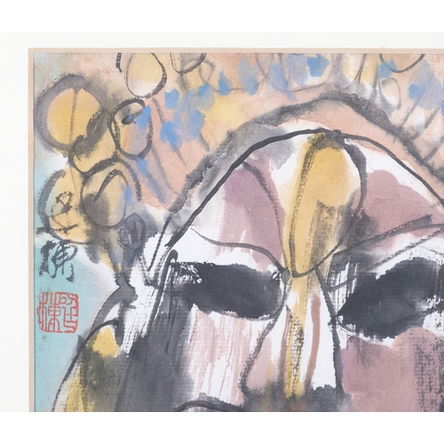 113 - Chinese School, Mask, watercolour, signed, 16cm x 16cm, framed