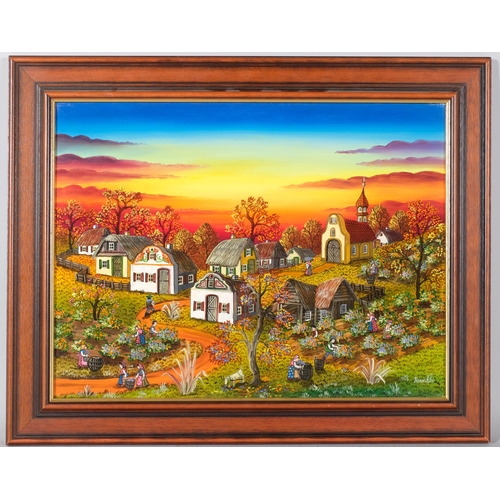 114 - Kowalski, Continental village scene, acrylic on canvas, 30cm x 40cm, framed