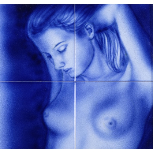 115 - Pippo Giovano, blue nude, painting on ceramic tiles, framed, overall frame dimensions 72cm x 52cm