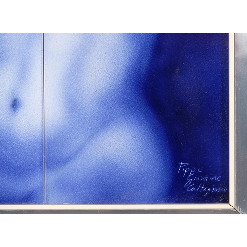 115 - Pippo Giovano, blue nude, painting on ceramic tiles, framed, overall frame dimensions 72cm x 52cm