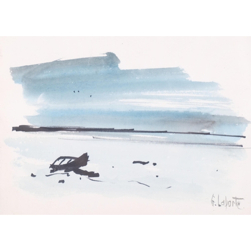 118 - Georges Laporte, seashore, original watercolour New Year card, circa 1960, 16cm x 22cm, framed