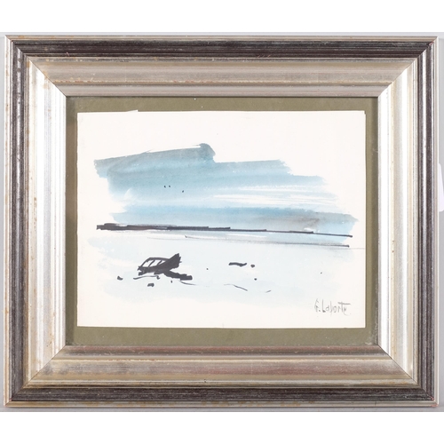 118 - Georges Laporte, seashore, original watercolour New Year card, circa 1960, 16cm x 22cm, framed