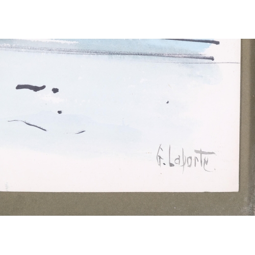 118 - Georges Laporte, seashore, original watercolour New Year card, circa 1960, 16cm x 22cm, framed