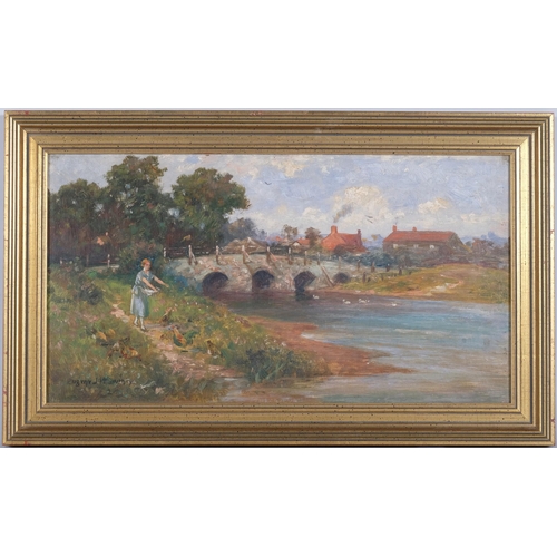 15 - Girl feeding poultry beside a bridge, oil on canvas, circa 1900, indistinctly signed, 25cm x 49cm, f... 