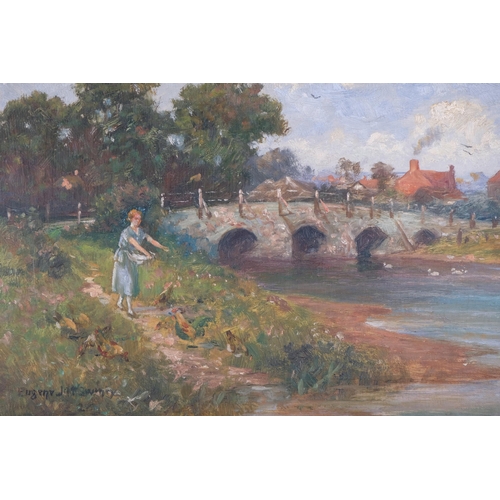 15 - Girl feeding poultry beside a bridge, oil on canvas, circa 1900, indistinctly signed, 25cm x 49cm, f... 