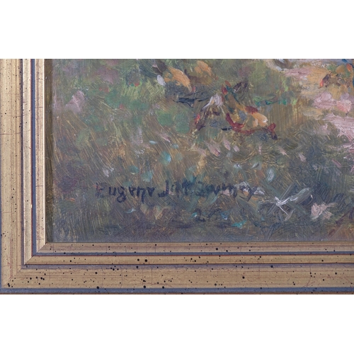 15 - Girl feeding poultry beside a bridge, oil on canvas, circa 1900, indistinctly signed, 25cm x 49cm, f... 