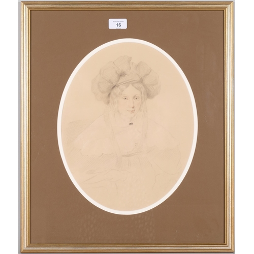 16 - Portrait of a woman wearing a bonnet, 19th century pencil/crayon on paper, unsigned, 35cm x 28cm, fr... 