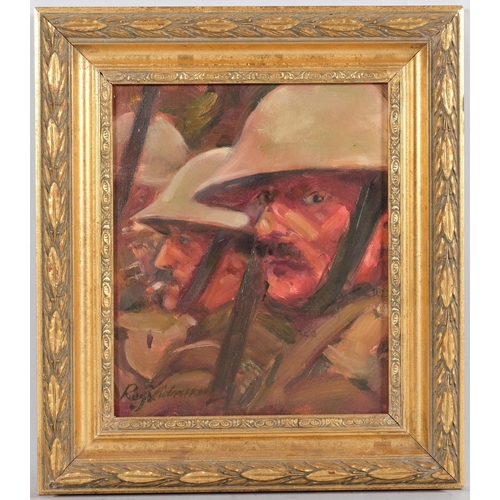 172 - Roy Tidmarsh (born 1949), Allied troops waiting for the whistle, oil on canvas, 30cm x 25cm, framed