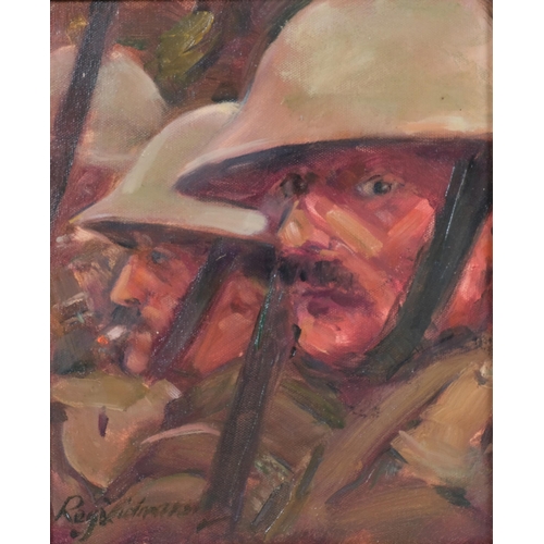 172 - Roy Tidmarsh (born 1949), Allied troops waiting for the whistle, oil on canvas, 30cm x 25cm, framed