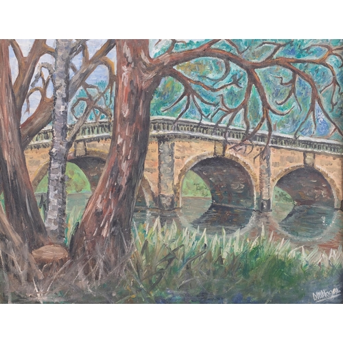 174 - D M Hagen, bridge over a river, oil on board, 35cm x 45cm, framed