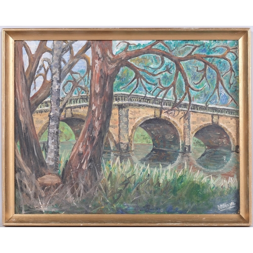 174 - D M Hagen, bridge over a river, oil on board, 35cm x 45cm, framed