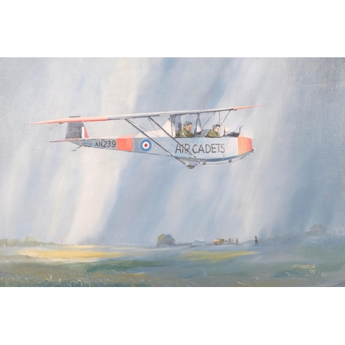 177 - J F Chaplin, RAF Slingsby Cadet training pilot flying a glider, oil on board, 1979, 50cm x 75cm, fra... 