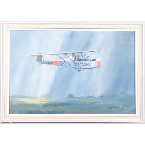 177 - J F Chaplin, RAF Slingsby Cadet training pilot flying a glider, oil on board, 1979, 50cm x 75cm, fra... 