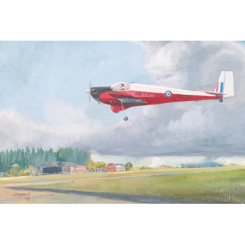 178 - J F Chaplin, RAF Air Cadet plane over training school, oil on board, 1978, 50cm x 75cm, framed