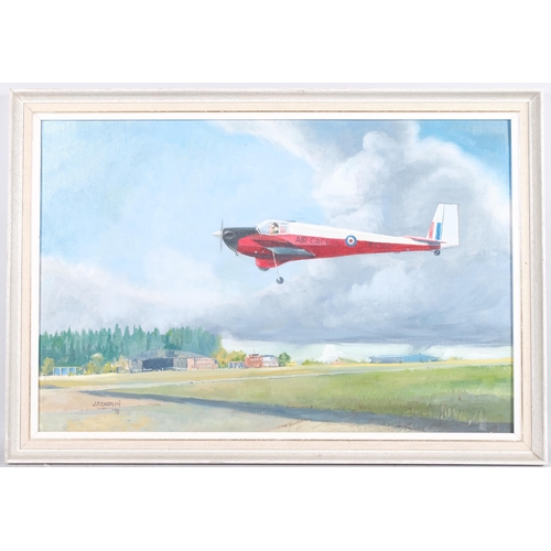 178 - J F Chaplin, RAF Air Cadet plane over training school, oil on board, 1978, 50cm x 75cm, framed