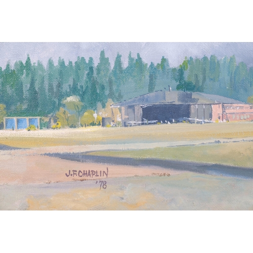 178 - J F Chaplin, RAF Air Cadet plane over training school, oil on board, 1978, 50cm x 75cm, framed