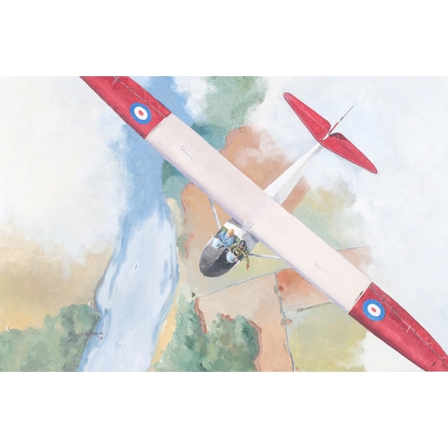 179 - J F Chaplin, RAF training glider in the clouds, oil on board, 1979, 50cm x 75cm, framed