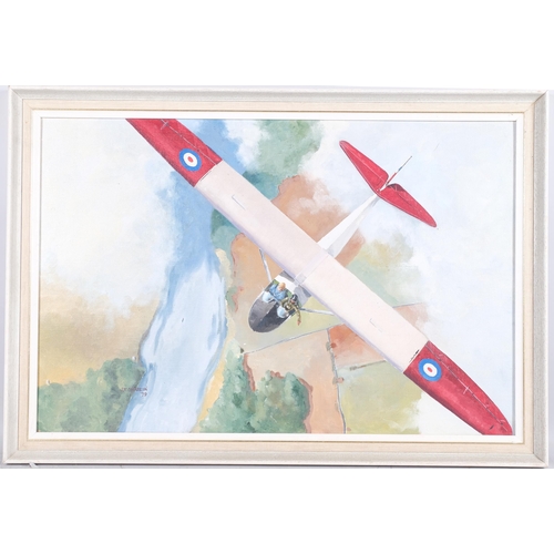 179 - J F Chaplin, RAF training glider in the clouds, oil on board, 1979, 50cm x 75cm, framed