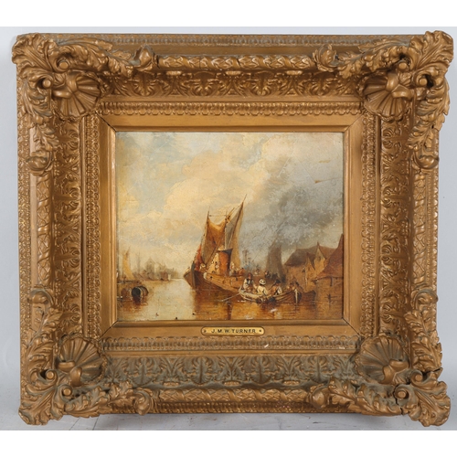 187 - Circle of JMW Turner, Continental river scene with boats, early 19th century oil on wood panel, 19cm... 