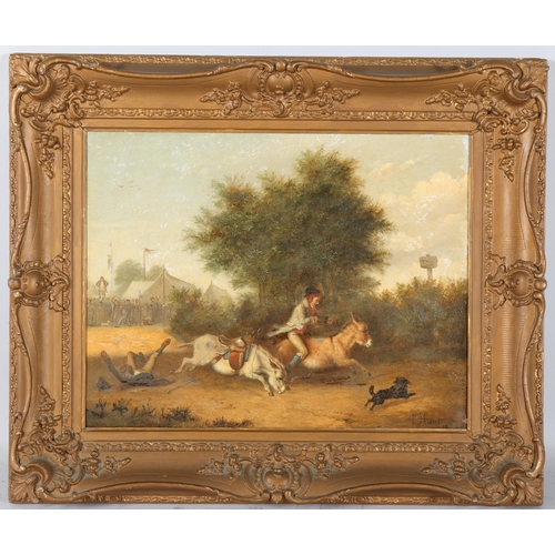 189 - Charles Hunt, donkey race, 19th century oil on canvas, 34cm x 44cm, framed