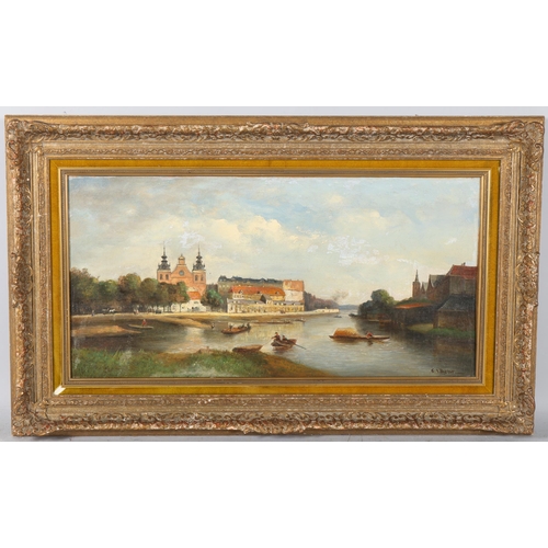 193 - Carel Jacobus Behr (1812 - 1895), Dutch river scene, oil on canvas, 30cm x 60cm, framed