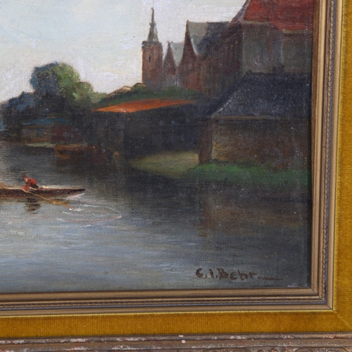 193 - Carel Jacobus Behr (1812 - 1895), Dutch river scene, oil on canvas, 30cm x 60cm, framed