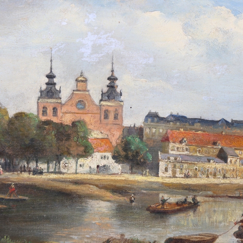 193 - Carel Jacobus Behr (1812 - 1895), Dutch river scene, oil on canvas, 30cm x 60cm, framed