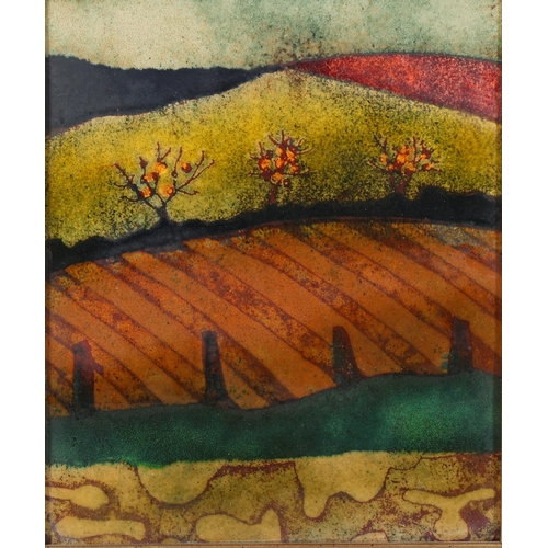 194 - Beryl Turpin (1926 - 2016), three trees and landscape, enamel on copper, 17cm x 14cm, framed