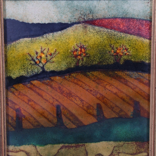 194 - Beryl Turpin (1926 - 2016), three trees and landscape, enamel on copper, 17cm x 14cm, framed