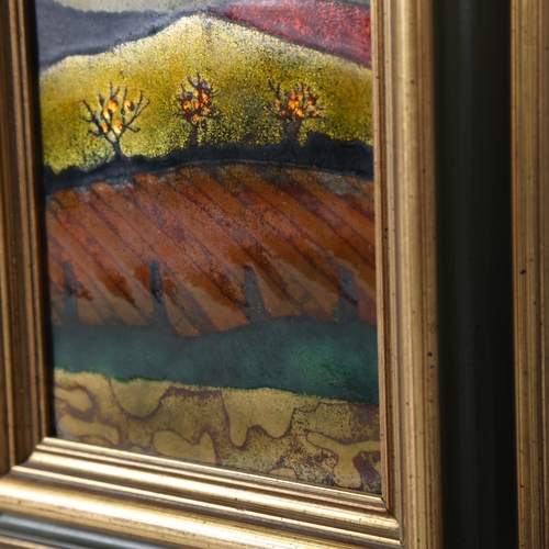 194 - Beryl Turpin (1926 - 2016), three trees and landscape, enamel on copper, 17cm x 14cm, framed