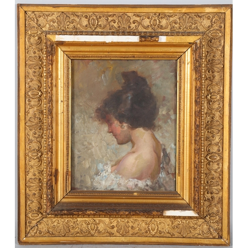 196 - Head and shoulders portrait of a woman, late 19th/early 20th century oil on canvas, unsigned, 25cm x... 