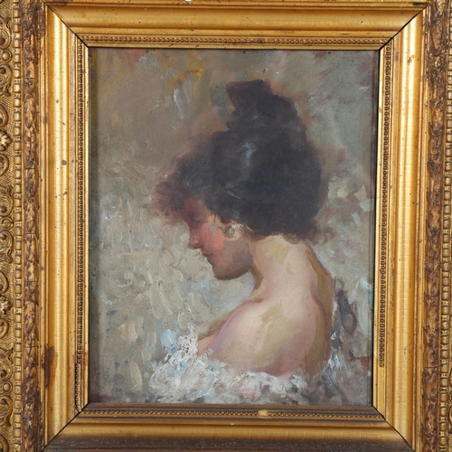 196 - Head and shoulders portrait of a woman, late 19th/early 20th century oil on canvas, unsigned, 25cm x... 