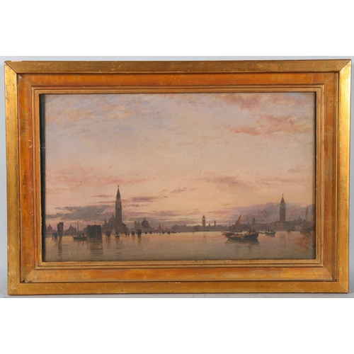 197 - Sunset in Venice, 19th century oil on canvas, unsigned, 27cm x 44cm, framed and glazed