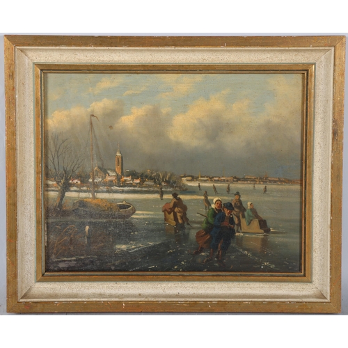 199 - Dutch figures on a frozen river, early 20th century oil on wood panel, unsigned, 23cm x 30cm, framed