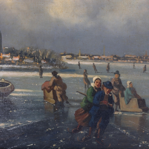 199 - Dutch figures on a frozen river, early 20th century oil on wood panel, unsigned, 23cm x 30cm, framed