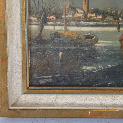 199 - Dutch figures on a frozen river, early 20th century oil on wood panel, unsigned, 23cm x 30cm, framed