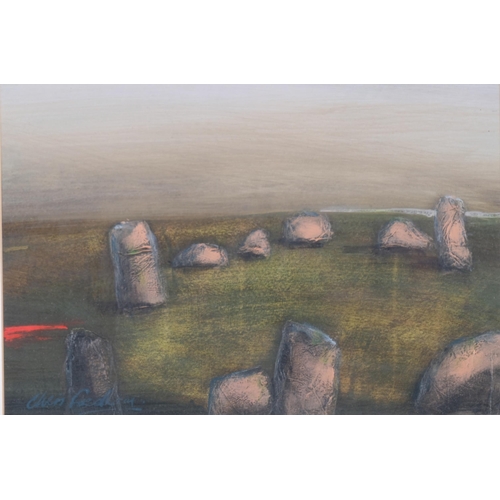 20 - Chris Fordham (1949 - 1996), stone circle II, oil on board, 21cm x 32cm, framed with exhibition leaf... 