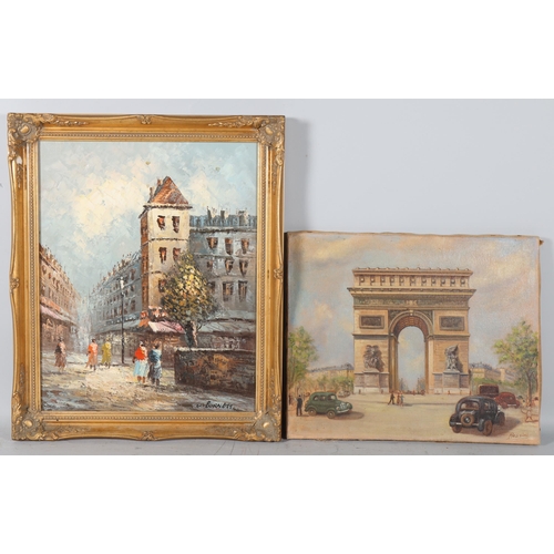 201 - Rossini, Arc de Triomphe Paris, oil on canvas, 37cm x 46cm, and C Burnett, Parisian street scene, oi... 