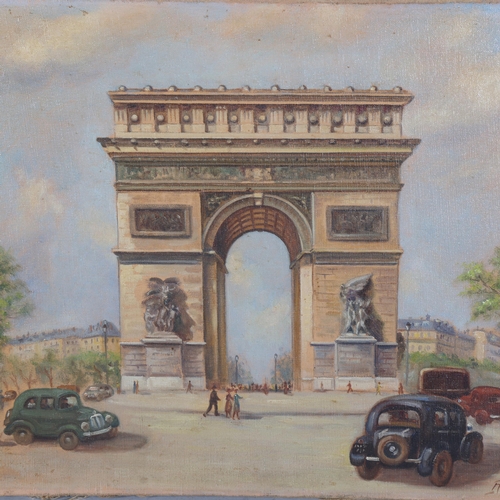 201 - Rossini, Arc de Triomphe Paris, oil on canvas, 37cm x 46cm, and C Burnett, Parisian street scene, oi... 