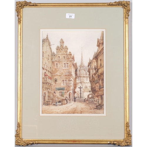 21 - H S Crichton, Continental street scene, detailed 19th century watercolour, 36cm x 26cm, framed