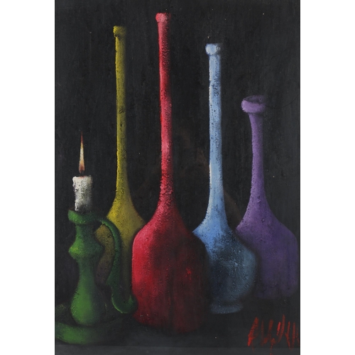 211 - Still life bottles and candle, mid-20th century oil on board, indistinctly signed, 68cm x 48cm, fram... 