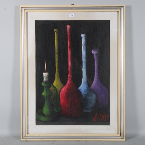 211 - Still life bottles and candle, mid-20th century oil on board, indistinctly signed, 68cm x 48cm, fram... 