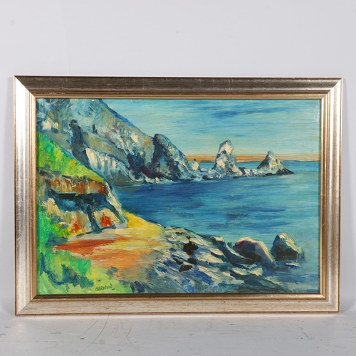 221 - Isherwood coastal view, oil on board, 36cm x 52cm, framed