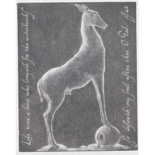 26 - Benjamin Finn, deer, wood engraving with text, image 12.5cm x 10cm, framed