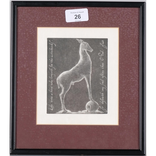 26 - Benjamin Finn, deer, wood engraving with text, image 12.5cm x 10cm, framed