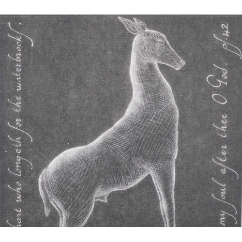 26 - Benjamin Finn, deer, wood engraving with text, image 12.5cm x 10cm, framed