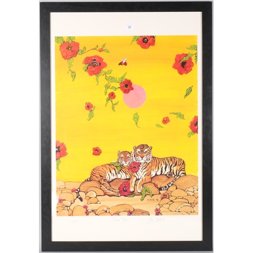 32 - Fleur Cowles (1908 - 2009), Siberian tigers, colour print, signed in pencil, image 71cm x 56cm, over... 