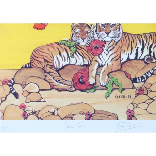 32 - Fleur Cowles (1908 - 2009), Siberian tigers, colour print, signed in pencil, image 71cm x 56cm, over... 